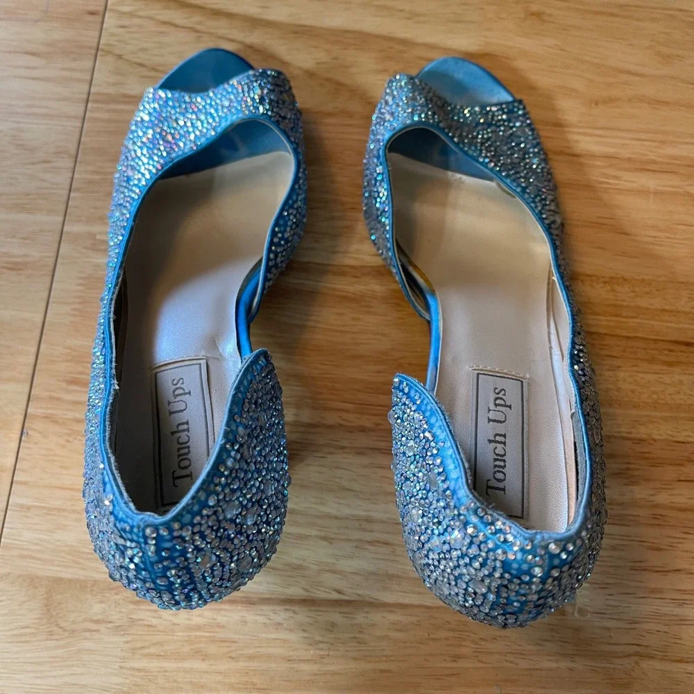 Touch Ups Blue Satin Rhinestone Peep Toe d'Orsay Kitten Heels Womens 10.5M